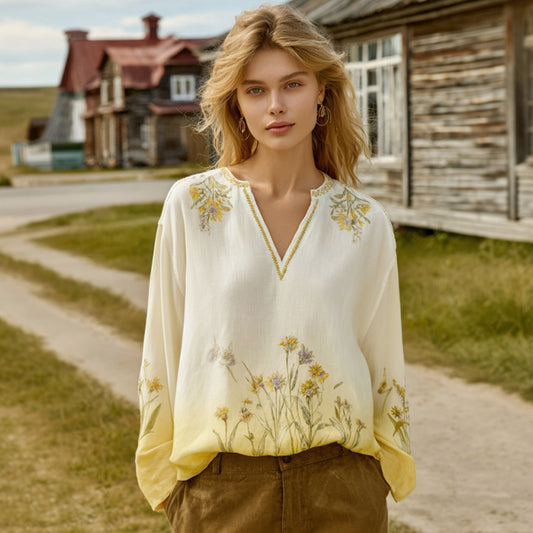 Women's Bohemian Floral V-neck Long-sleeved T-shirt elevenforest