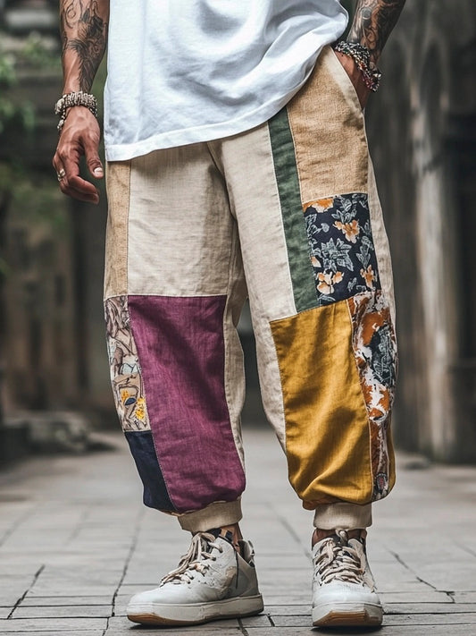Vintage Boho Floral Patchwork Printed Men's Linen Casual Pant elevenforest