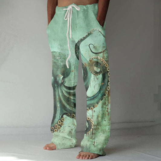 Men's Octopus Art Print Linen Blend Pants elevenforest