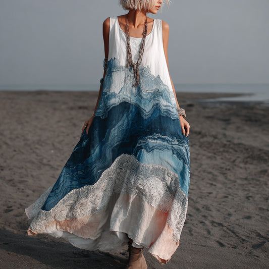 Vintage Marble Texture Collection Retro Bohemia Gradient Gilded Pattern Linen Maxi Dress elevenforest