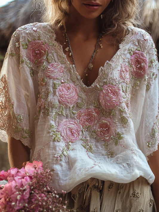Bohemian Embroidered Pink Flower V-neck Short-sleeved Shirt elevenforest