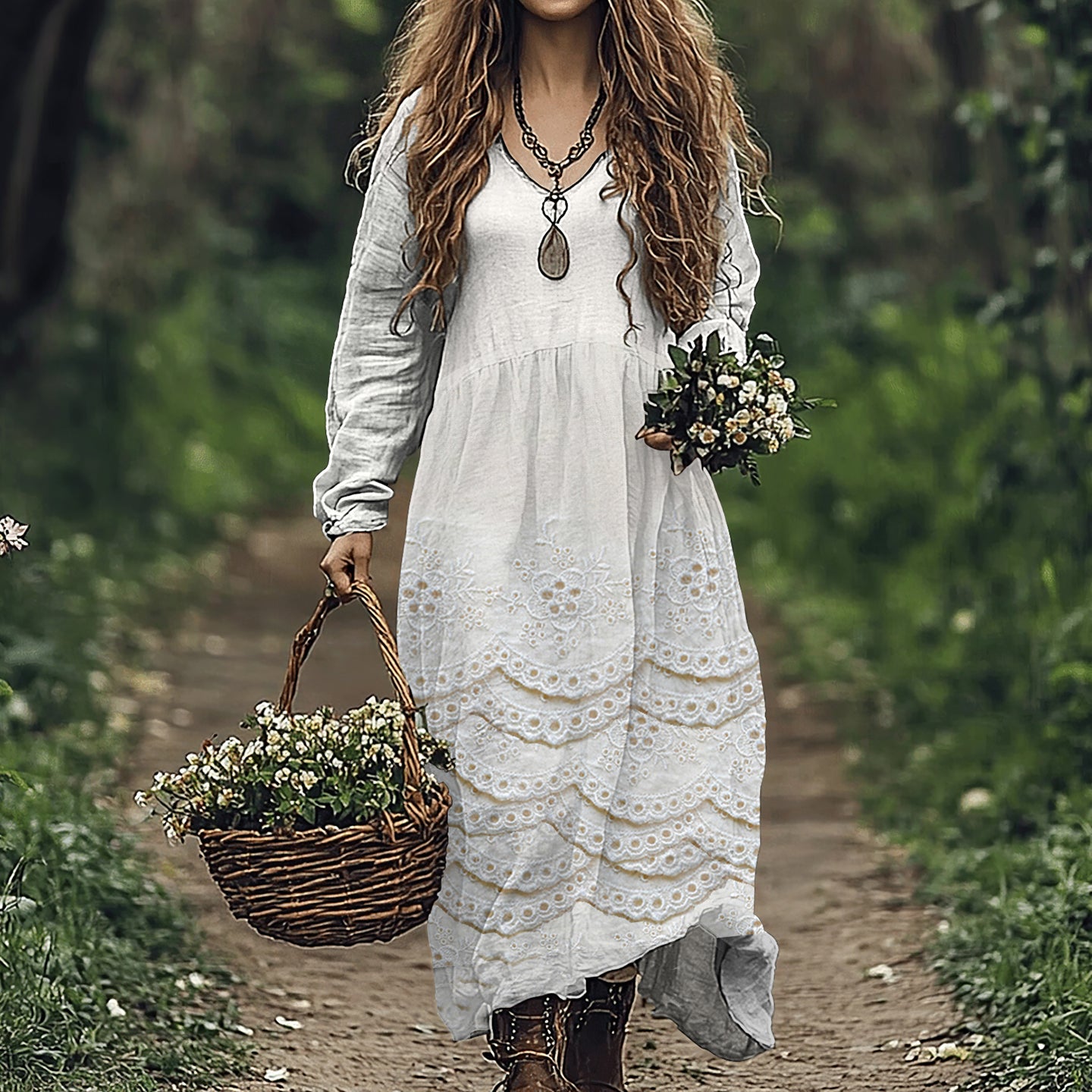 Vintage Floral Lace Embroidered Art Women's Linen Dress elevenforest