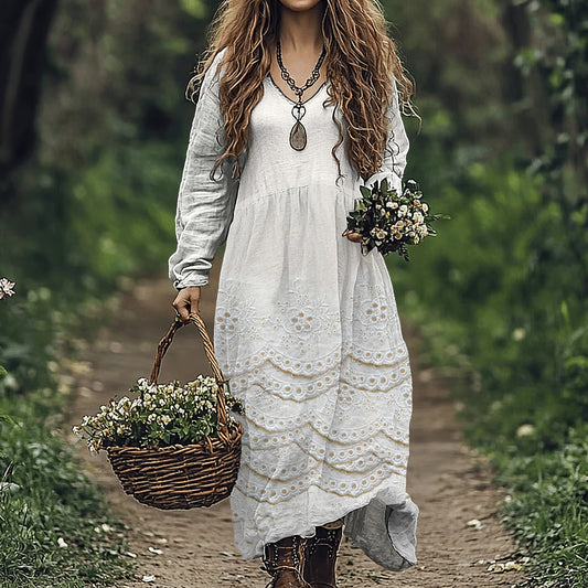 Vintage Floral Lace Embroidered Art Women's Linen Dress elevenforest