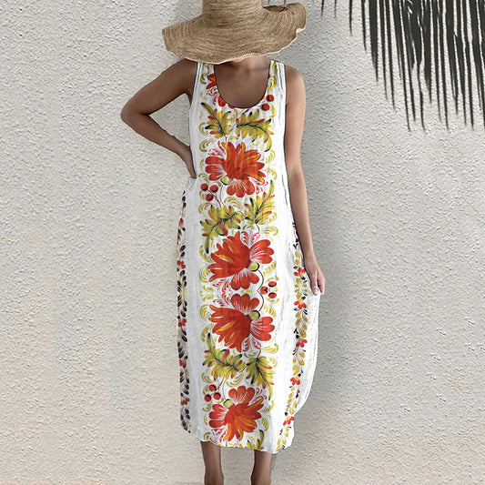 Red Botanical Flower Pattern Sleeveless Dress elevenforest