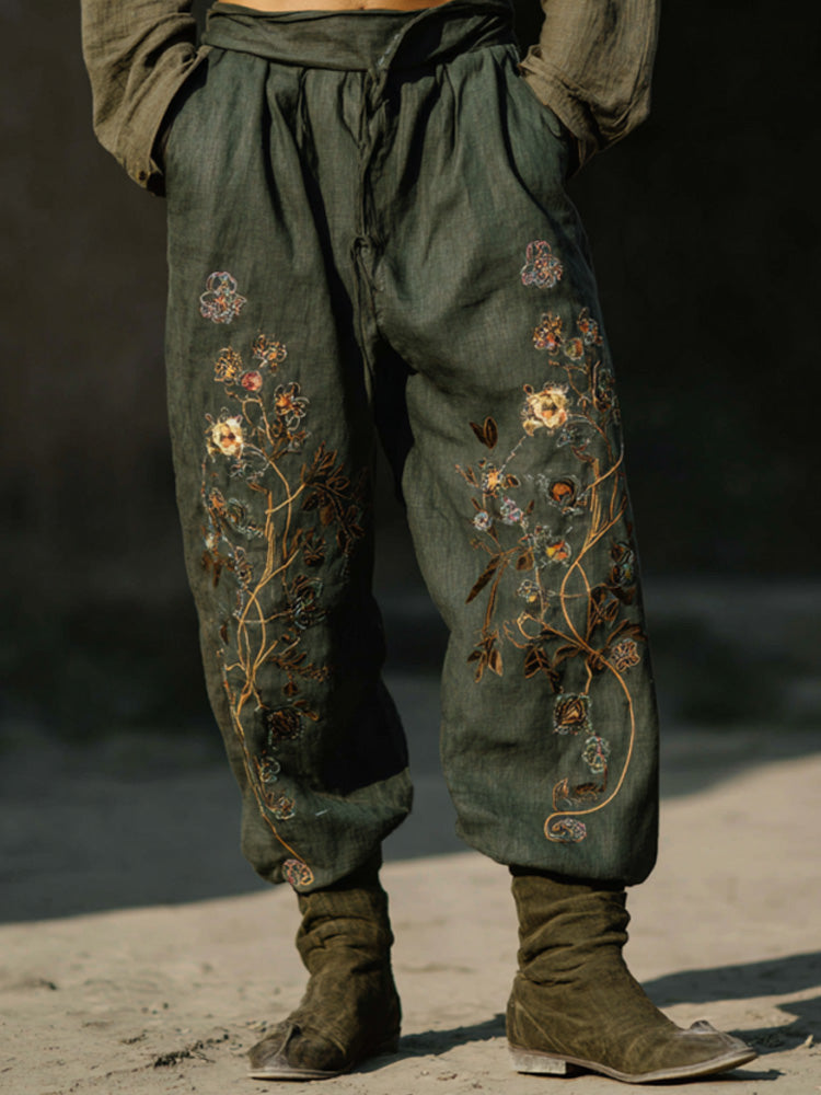 Men's Retro Bohemian Plant And Floral Embroidered Print Pants elevenforest