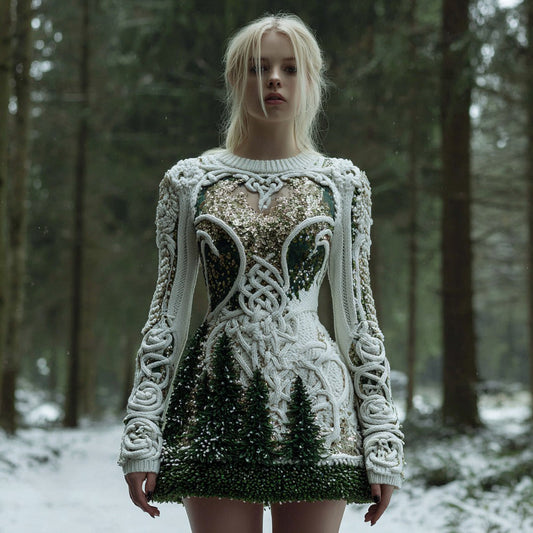 Women's Christmas Tree Forest Celtic Knot Sequins Knit Mini Sweater Dress artswardrobe