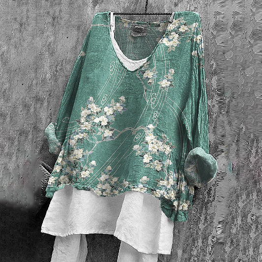 Comstylish Women's Retro Japanese Flower Art V-neck T-shirt