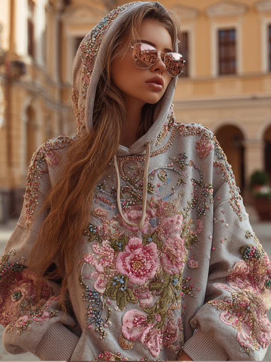 Bohemian Style Embroidered Pearl Flower Hooded Sweater elevenforest