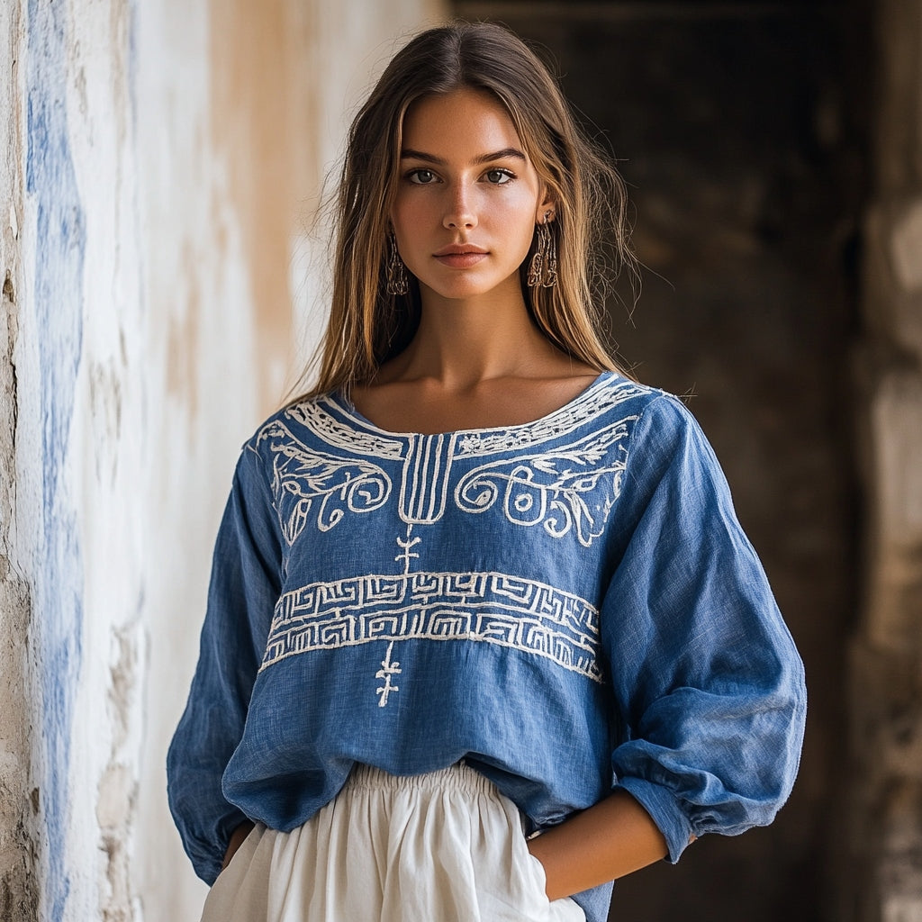Vintage Greek Key Motif Cretan Embroidery Linen Blend T-shirt elevenforest