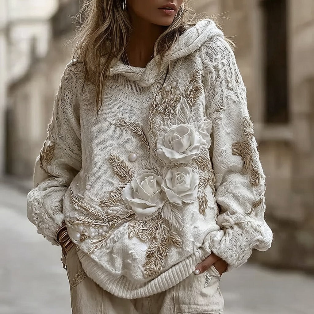Women's Vintage White Rose Knitted Warm Hooded Sweater elevenforest