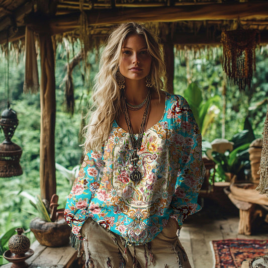 Women's Vintage Persian Floral Art Cotton And Linen Shirt elevenforest