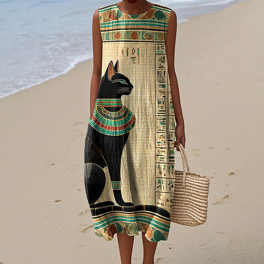 Comstylish Women's Egyptian Buster Cat Art Print Dress
