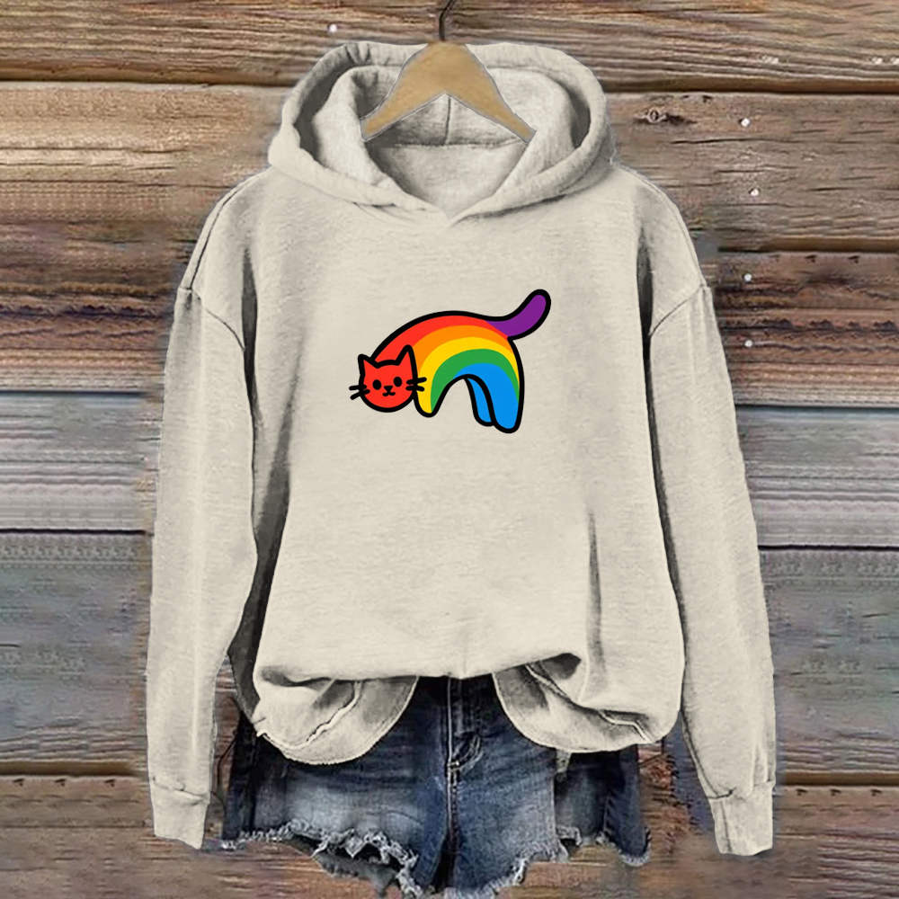Comstylish Rainbow Cat Print Casual Hooded Sweatshirt