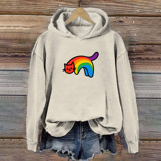 Comstylish Rainbow Cat Print Casual Hooded Sweatshirt