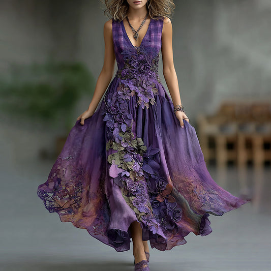 Vintage Embroidered Floral Plaid Patchwork Belt Maxi Dress elevenforest