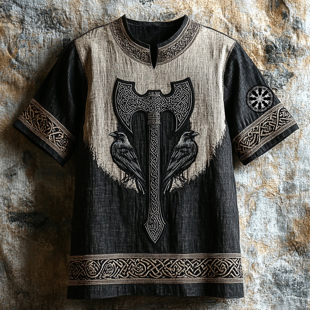 Men's Viking Runes Axe And Raven Celtic Knot Art Linen Shirt elevenforest