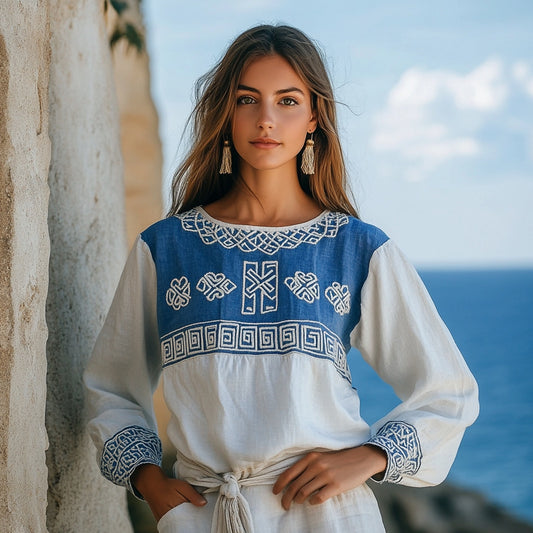 Vintage Greek Key Cretan Embroidery Linen Contrasting Colors T-shirt elevenforest