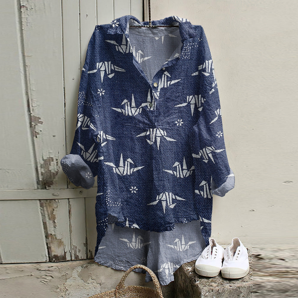 Japanese Art Paper Crane Print Long Sleeve Casual Shirt elevenforest