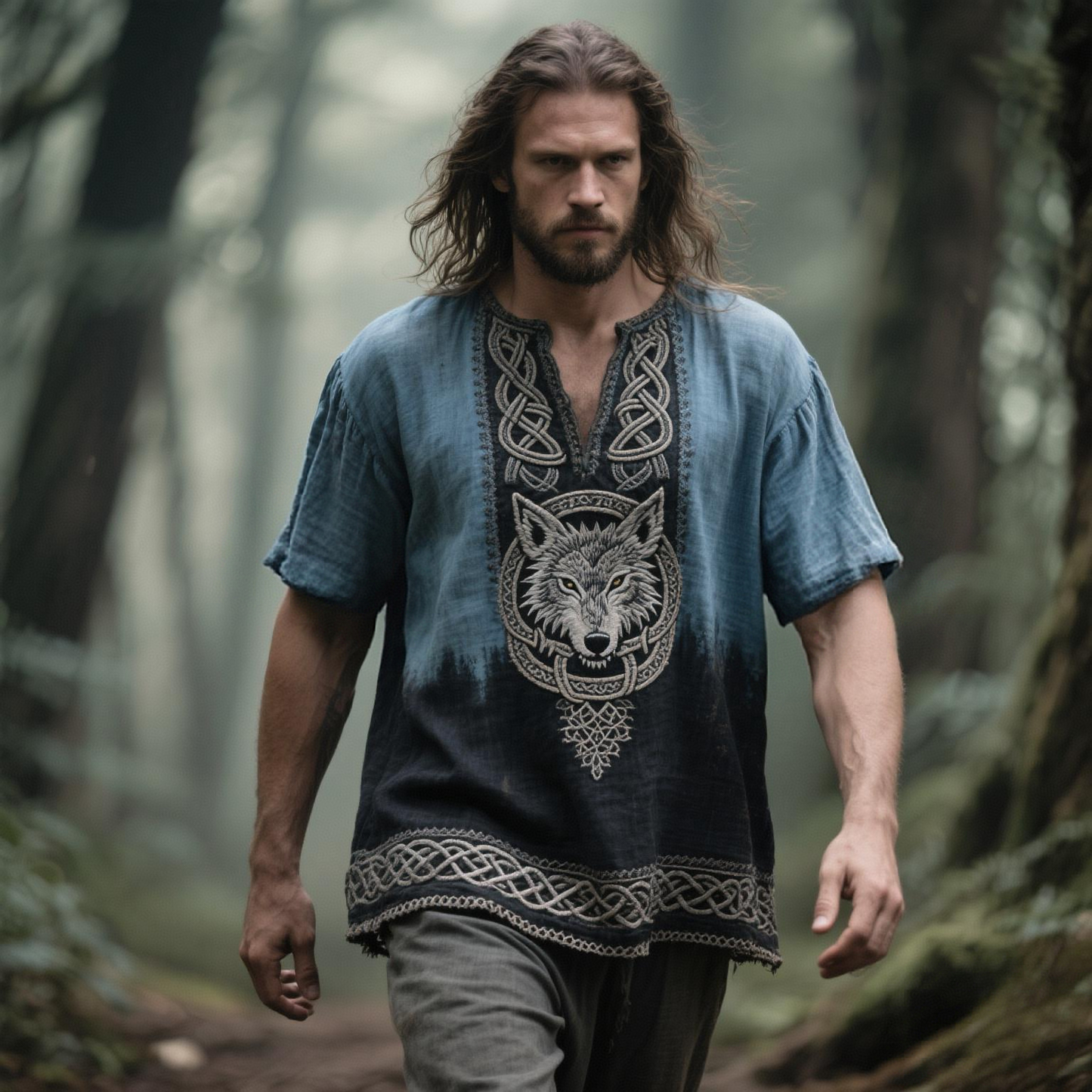 Men's Viking Wolf Embroidered V-neck Linen Blend Shirt elevenforest