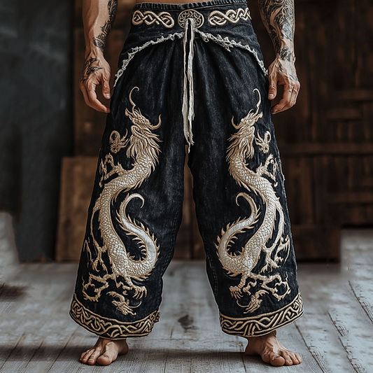 Men's Retro Viking Dragon Totem Patchwork Print Casual Pants elevenforest