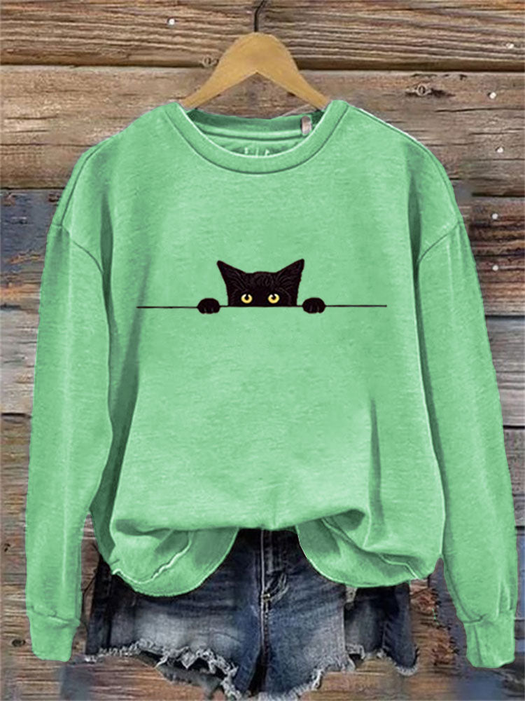 Women's Casual Funny Black Cat Print Sweatshirt elevenforest