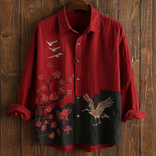 Japanese Cherry Blossom And Crane Art Print Casual Linen Shirt elevenforest