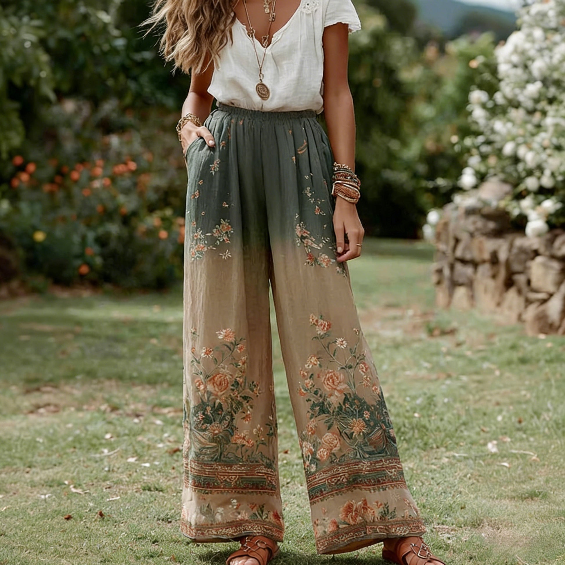 Women's Retro Bohemian Floral Patchwork Linen Trousers elevenforest