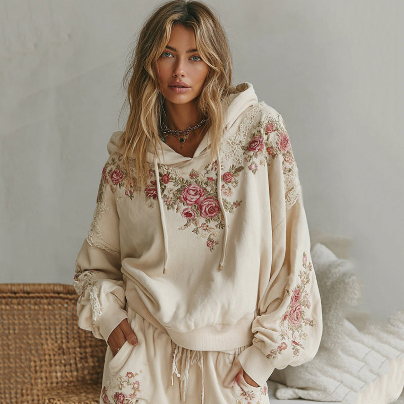 Women's Rose Embroidery Art Cozy Hooded Sweatshirt elevenforest