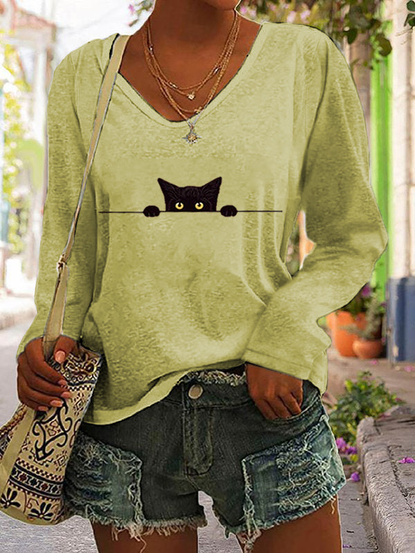 Women's Casual Funny Black Cat Print T-shirt elevenforest
