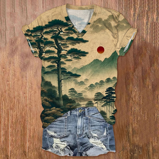 Women's Crimson Dusk in the Pine Forest Japanese Art Print Casual T-Shirt elevenforest
