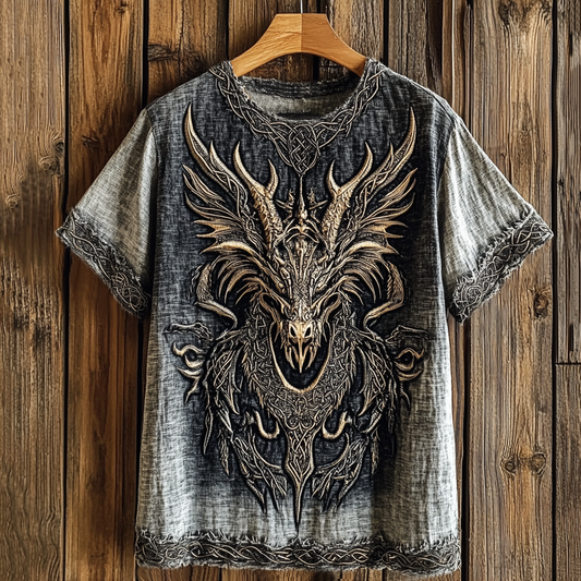 Men's Viking Celtic Wolf Head Washed Contrast Color Linen T-shirt elevenforest