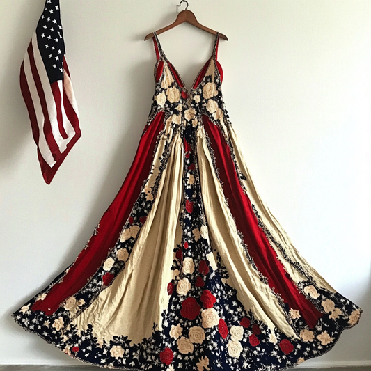 Women's Vintage Independence Day Flag Floral Pattern Suspender Dress elevenforest