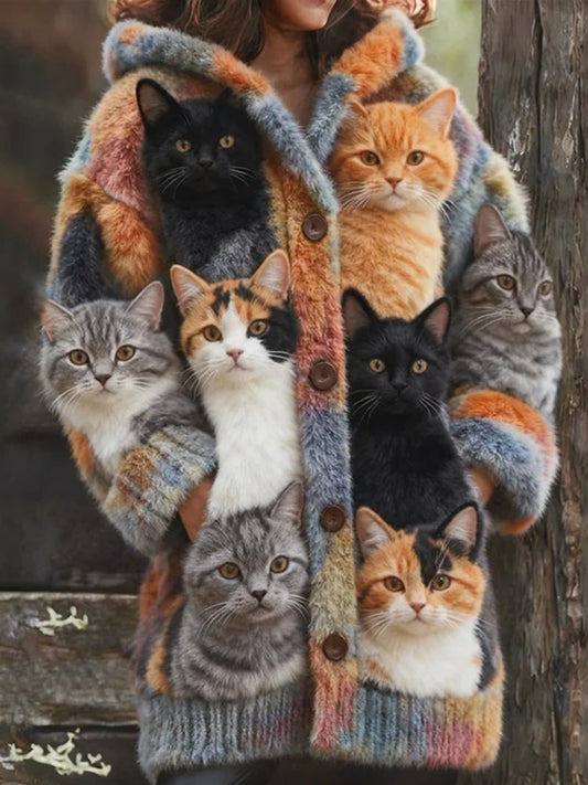 Probe Cat Fleece Hooded Cardigan Long Sweater elevenforest