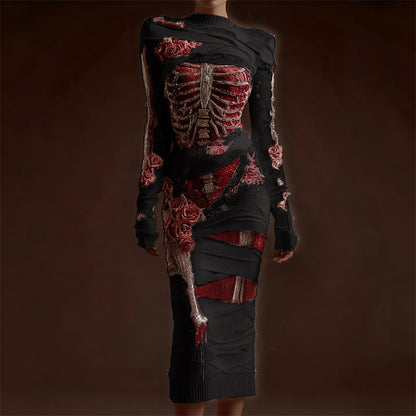 Comstylish Classy Skeleton Anatomy Bloody Roses Bandages Maxi Sweater Dress