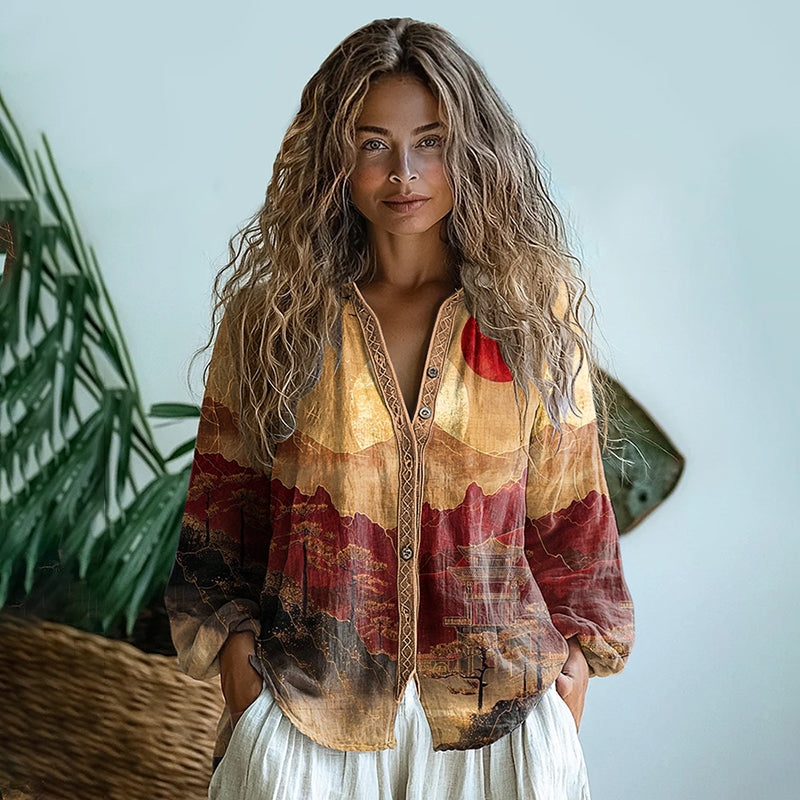 Bohemian Style Linen Sunrise  Art Print Long Sleeve Shirt elevenforest