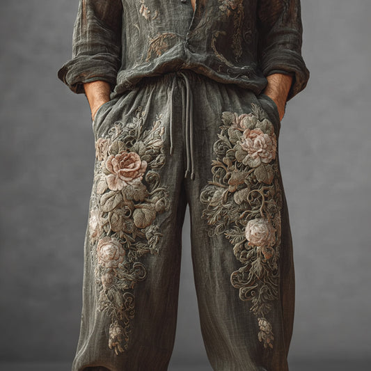 Men's Vintage Roses Embroidered Wide Leg Linen Pants elevenforest