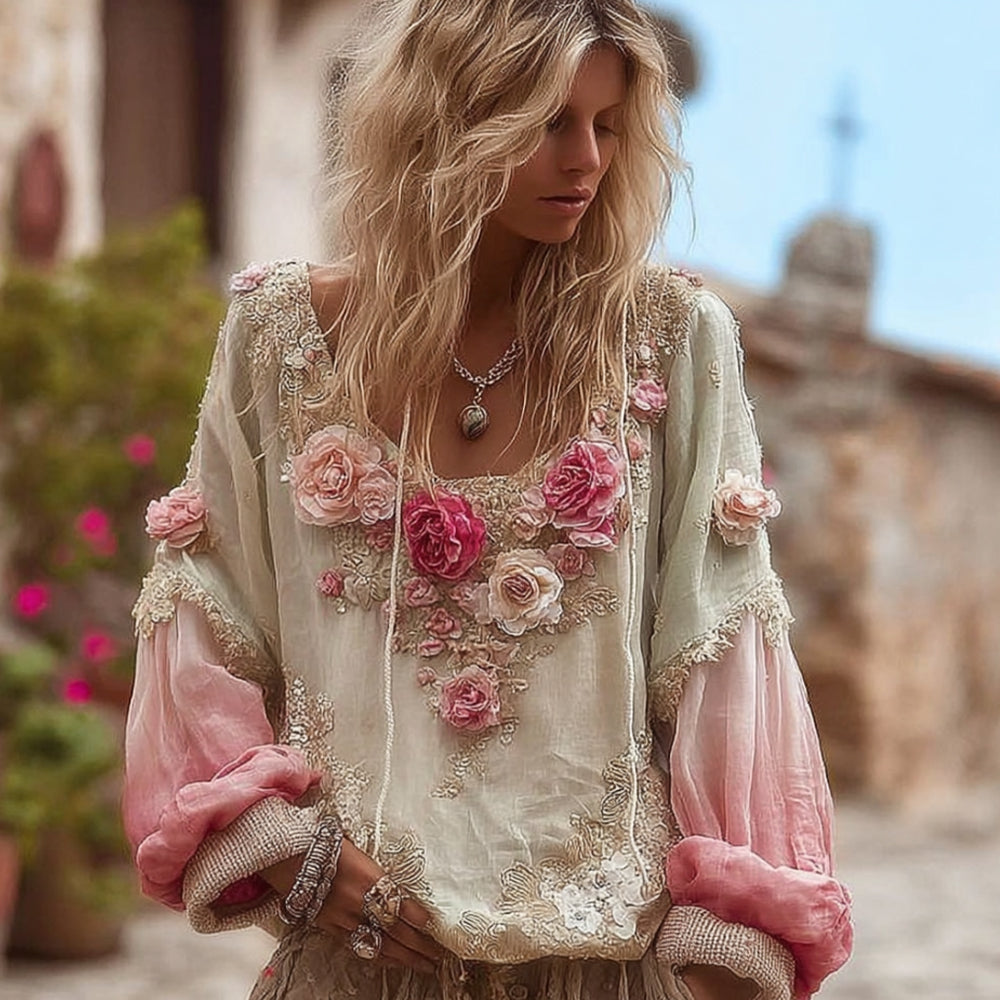 Bohemian Style Gradient Flower Patchwork Vintage Long-sleeved Shirt elevenforest