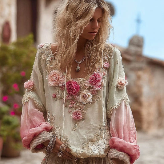 Bohemian Style Gradient Flower Patchwork Vintage Long-sleeved Shirt elevenforest