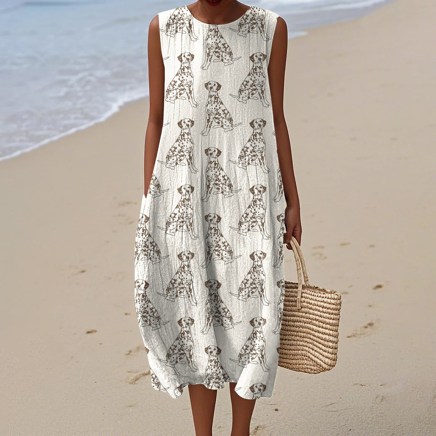 Comstylish Retro Cute Dalmatian Dog Art Linen Tank Midi Dress
