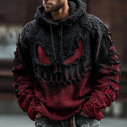 Men's Halloween Spooky Face Gradient Inspired Knitted Distressed Hooded Sweater elevenforest