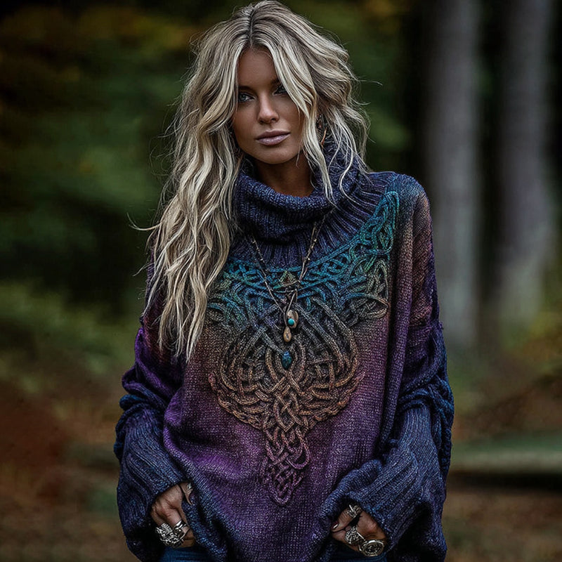 Women's Viking Celtic Knot Art Gradien Turtleneck Cozy Knit Sweater elevenforest