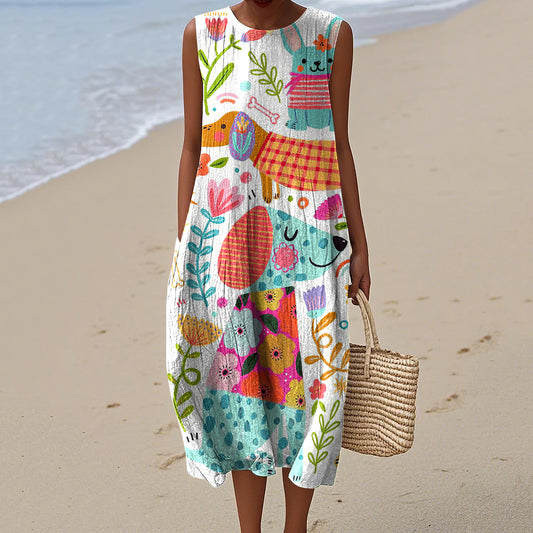 Women's Colorful Floral Dog Art Print Crew Neck Dress elevenforest