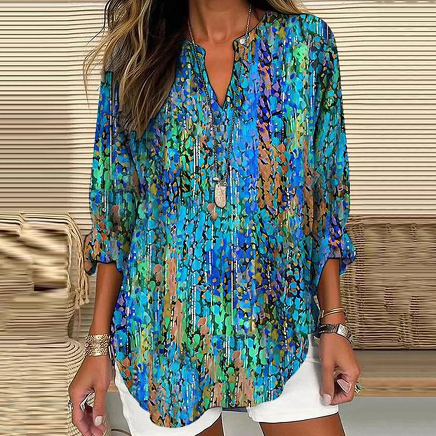 Comstylish Abstract Print V-neck Linen Blend Blouse