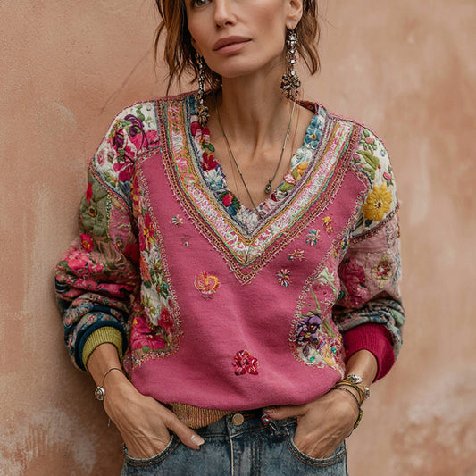 Women's Bohemian Flower Embroidery Art V-neck Casual Sweatshirt elevenforest