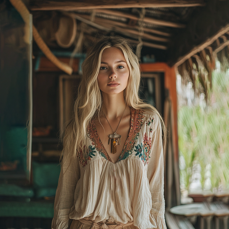 Retro Boho Tribal Art Embroidery Print Cotton And Linen V-neck Loose Shirt elevenforest