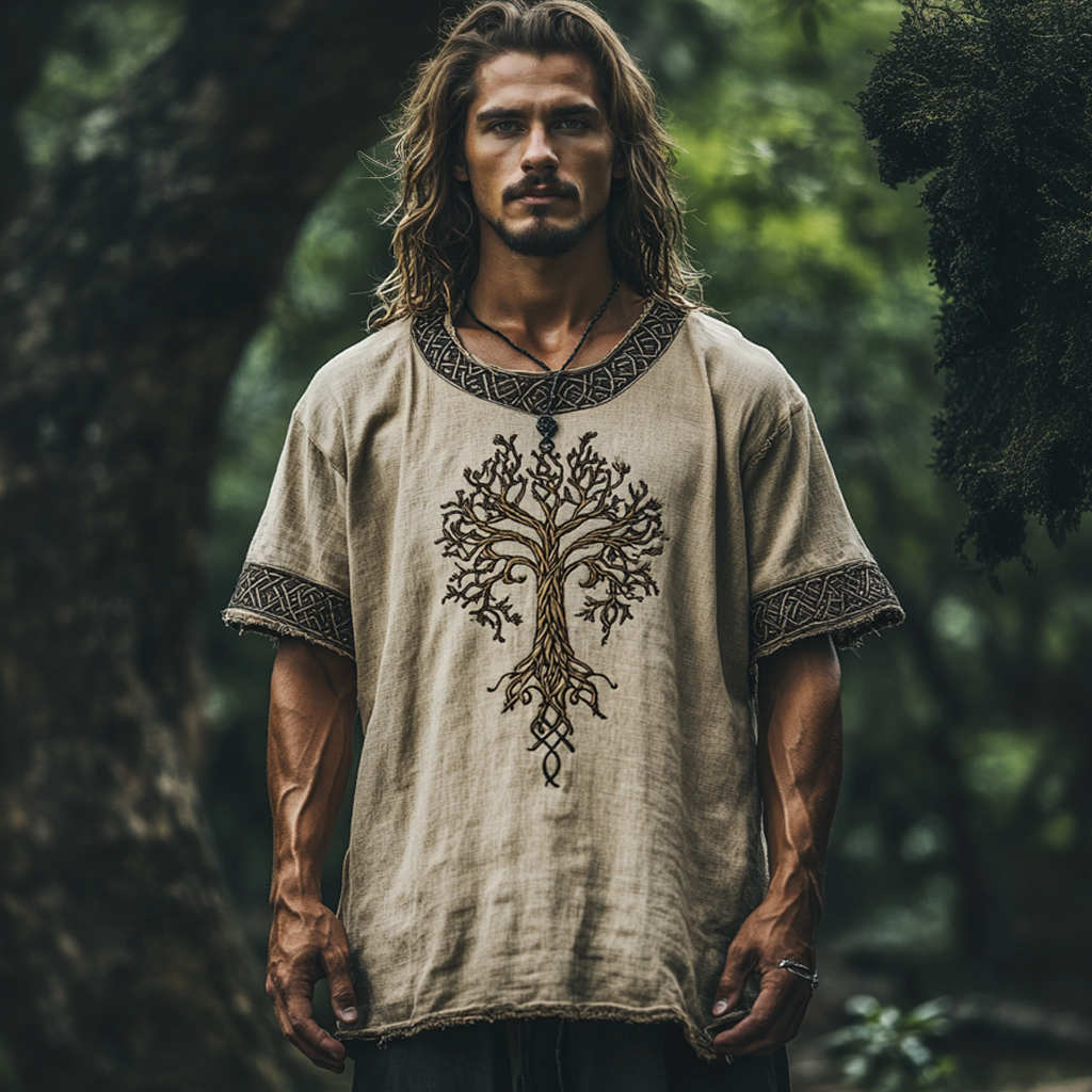 Men's Viking Celtic Knot Wolf Head Linen T-shirt elevenforest