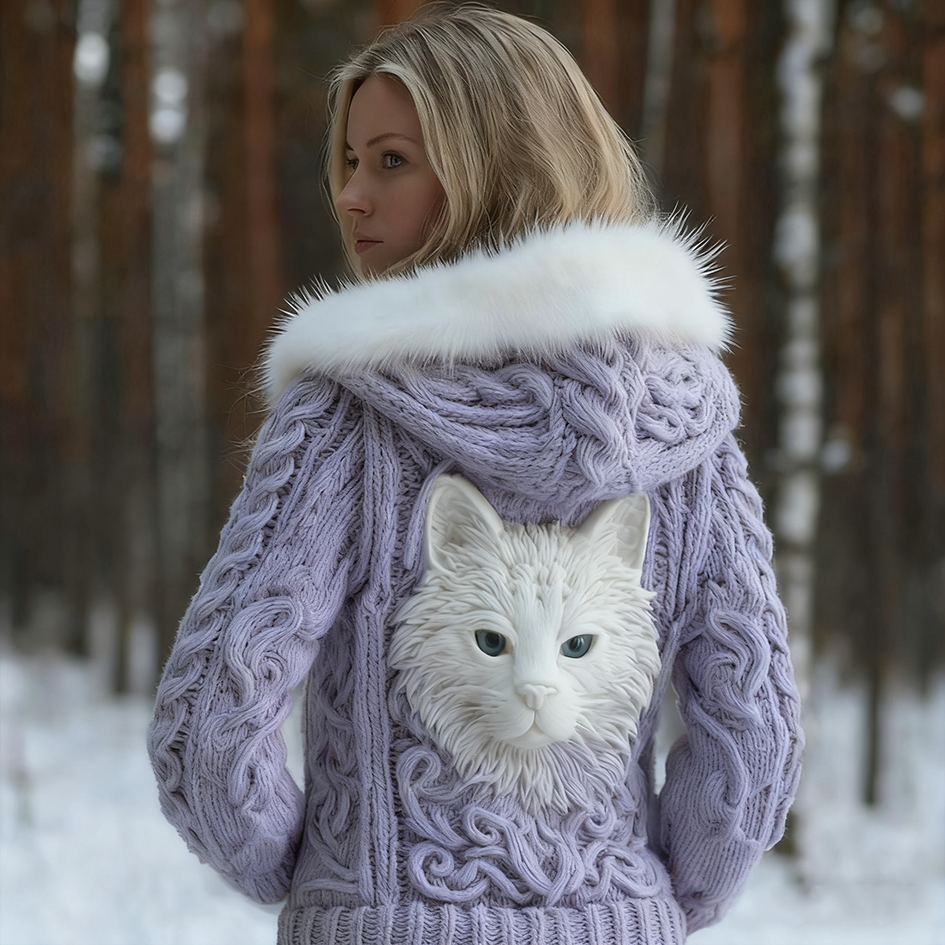Viking Retro Cat Design Women's Hooded Knit Sweater Jacket elevenforest