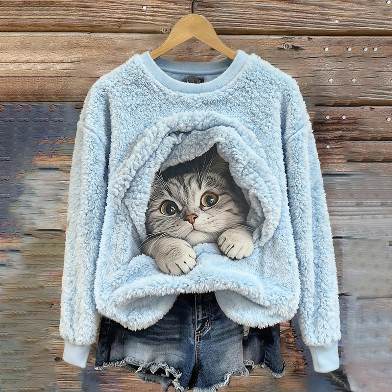 Women's Cute Cat Cozy Crew Neck Flannel Sweatshirt elevenforest