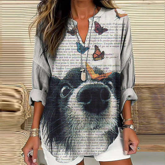 Butterfly And Dog Playing Print Women's Shirt elevenforest