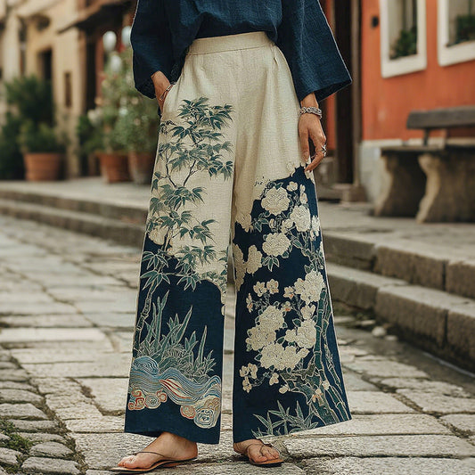 Women's Vintage Japanese Flower Art Print Pants elevenforest